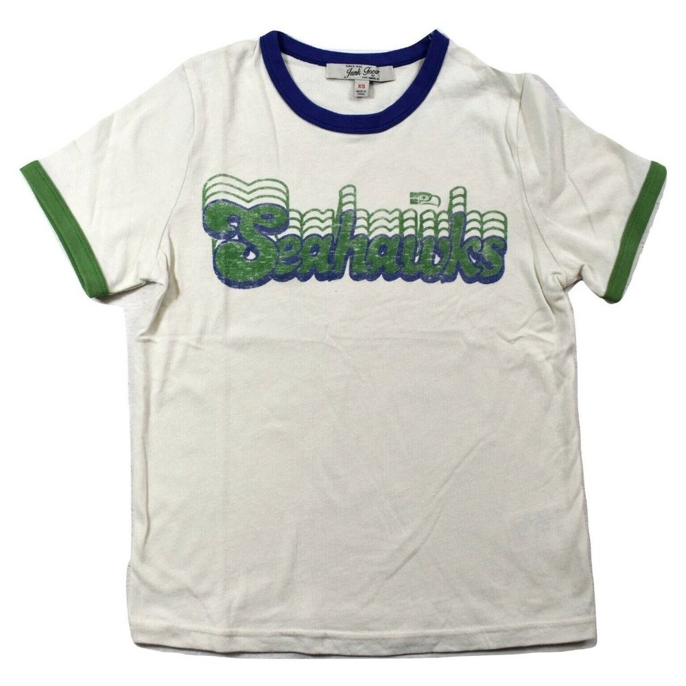 Junk Food Clothing White Seahawks Ringer Tee with Blue & Green Accents